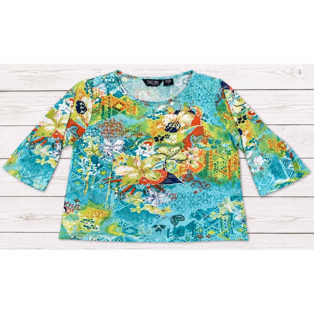Take Two Clothing Co Floral Geometric Sequin Top Boho Cottagecore Teal Cotton XL